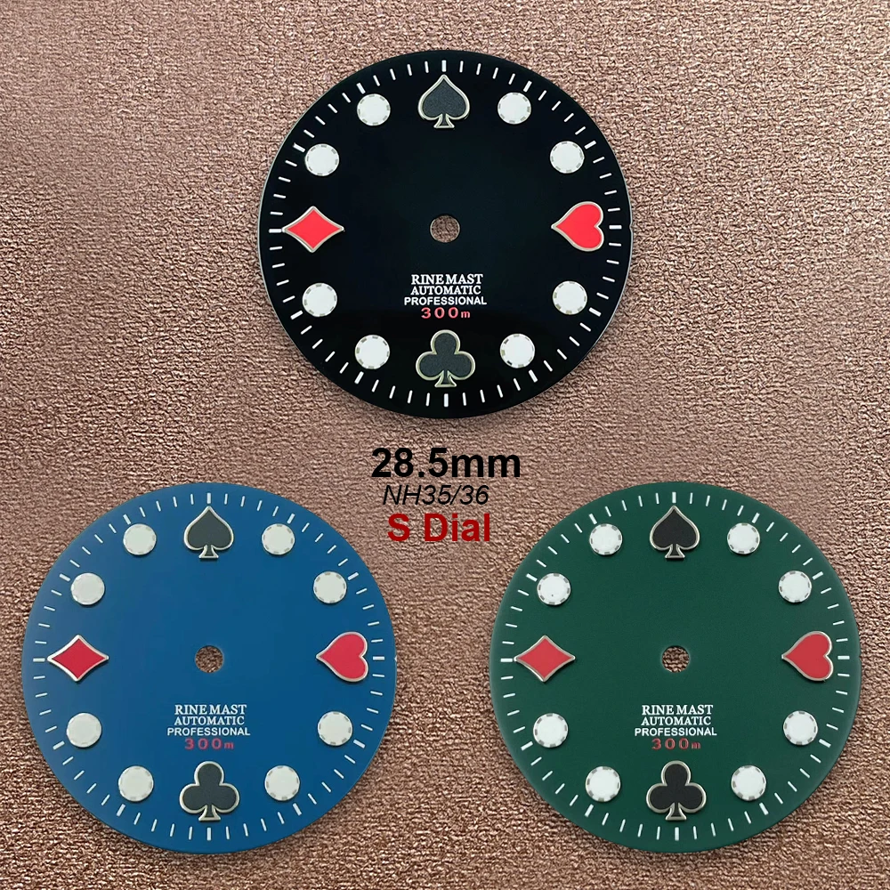 

28.5mm S Logo Poker Dial Suitable For NH35/NH36/7S/4R Japan Movement Green Luminous Matte Quality Watch Modification Accessories