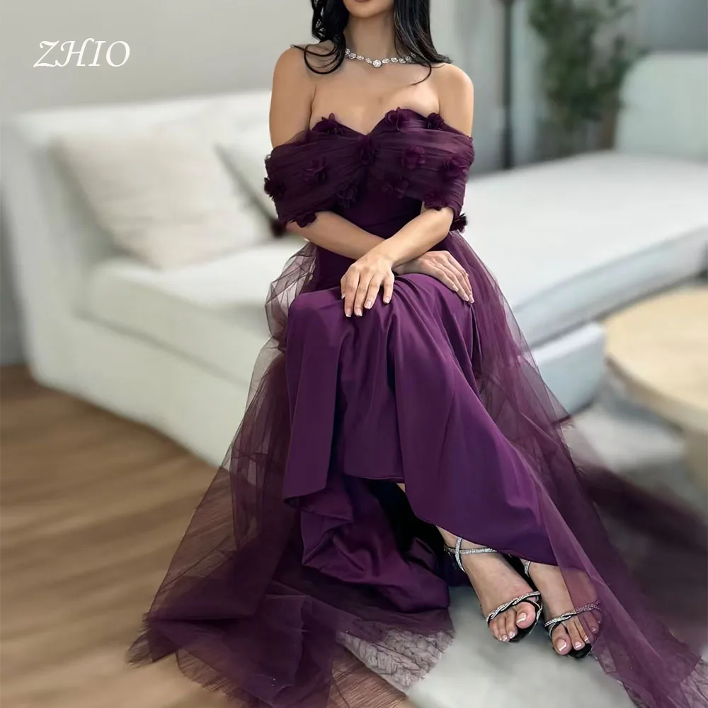 

ZHIO Luxury 3D Flowers Evening Dress Off Shoulder Mermaid Sweep Train Satin Wedding Party Prom Gown Custom فساتين سهرة