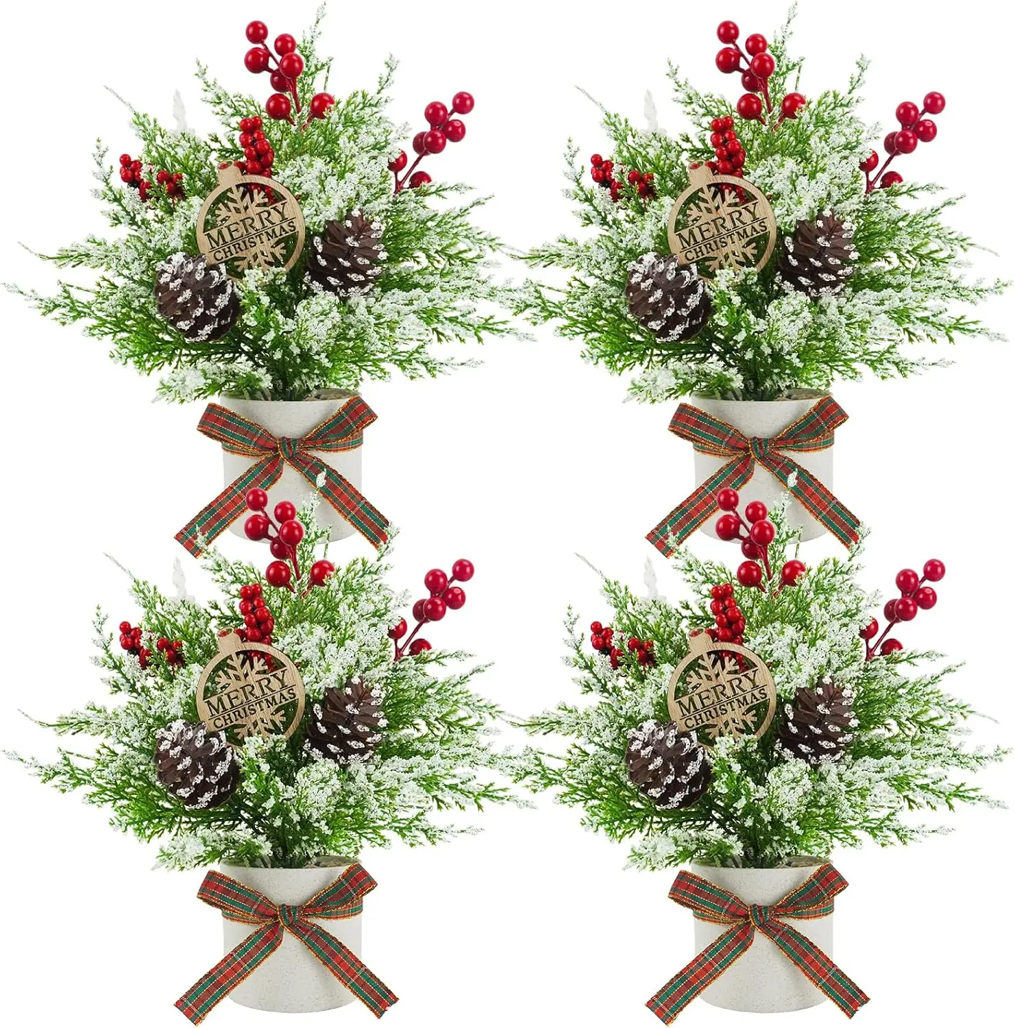 

4шт флокированная мини-рождественская елка с красными ягодами и сосновыми шишками — искусственный настольный праздничный декор в горшке
