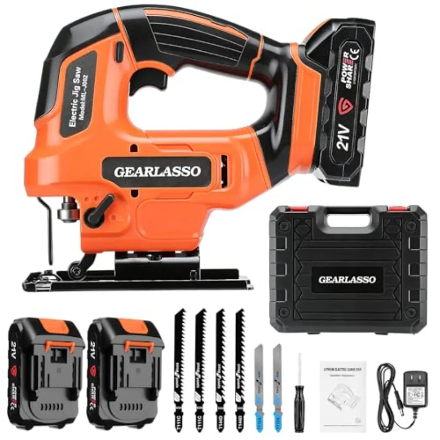 

Cordless Jig Saw 21V with 2×2.0Ah Batteries 2800 RPM Variable Speed Jigsaw for Wood and Metal 4 Orbital Settings 0 45° Bevel Cu