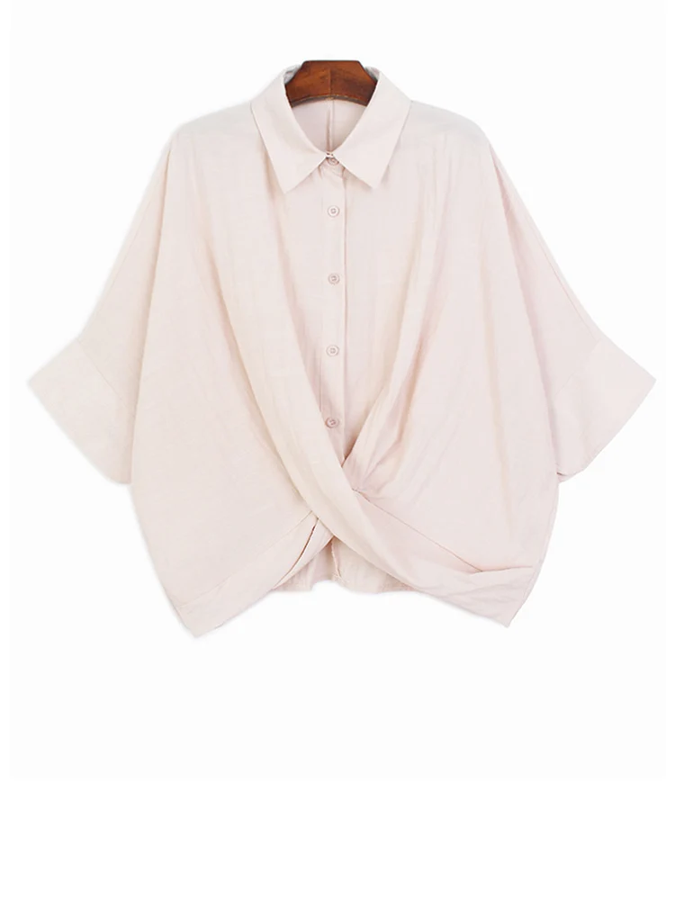 

Women Black Pleated Knot Irregular Big Size Blouse New Lapel Half Sleeve Shirt Fashion Tide Spring Summer