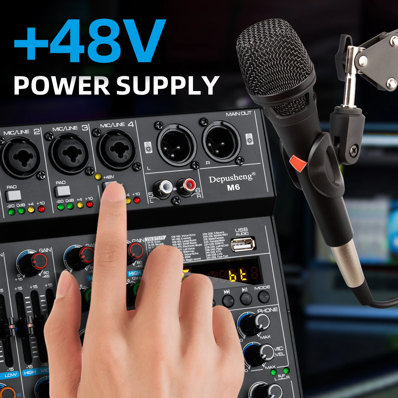 6 Channels Sound Mixing Console Depusheng M6 Bluetooth USB Record Computer 48V Phantom Power Delay Repaeat Effect Audio Mixer