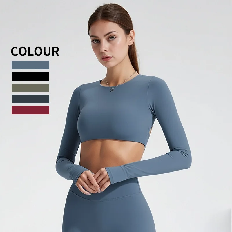 

RUSHBURN Sports Tops Gym Women Fitness Gym T Shirt Long Sleeve Open Back Pilates Yoga Padded Crop Top Workout Fitness Blouse