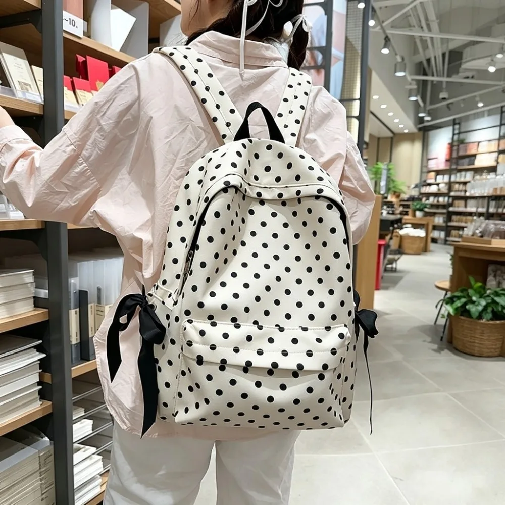 French Style Polka Dot Backpack Polka Dot Pattern Bow Ribbon Design Lightweight School Bag Lightweight Construction