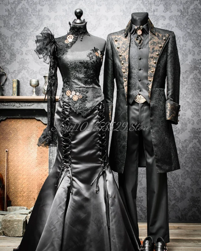 Średniowieczna czarna gotycka suknia ślubna klasyczna gotycka Steampunk haftowane aplikacje linia A Fishtail wzburzyć dostosowane