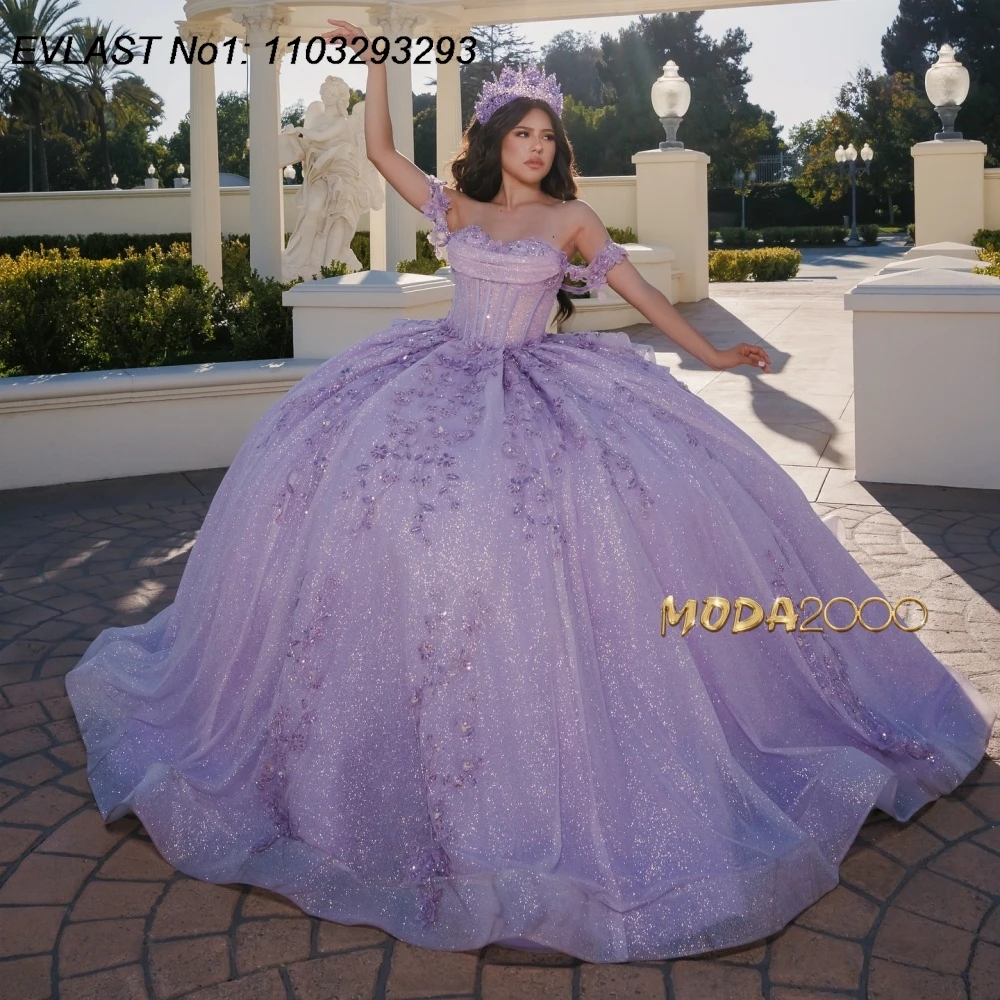 EVLAST Personalizzato Lucido Lavanda Abito di Sfera Abito Quinceanera Applique di Pizzo Perline Corsetto Dolce 16 Abiti Da 15 Anos E1Q791
