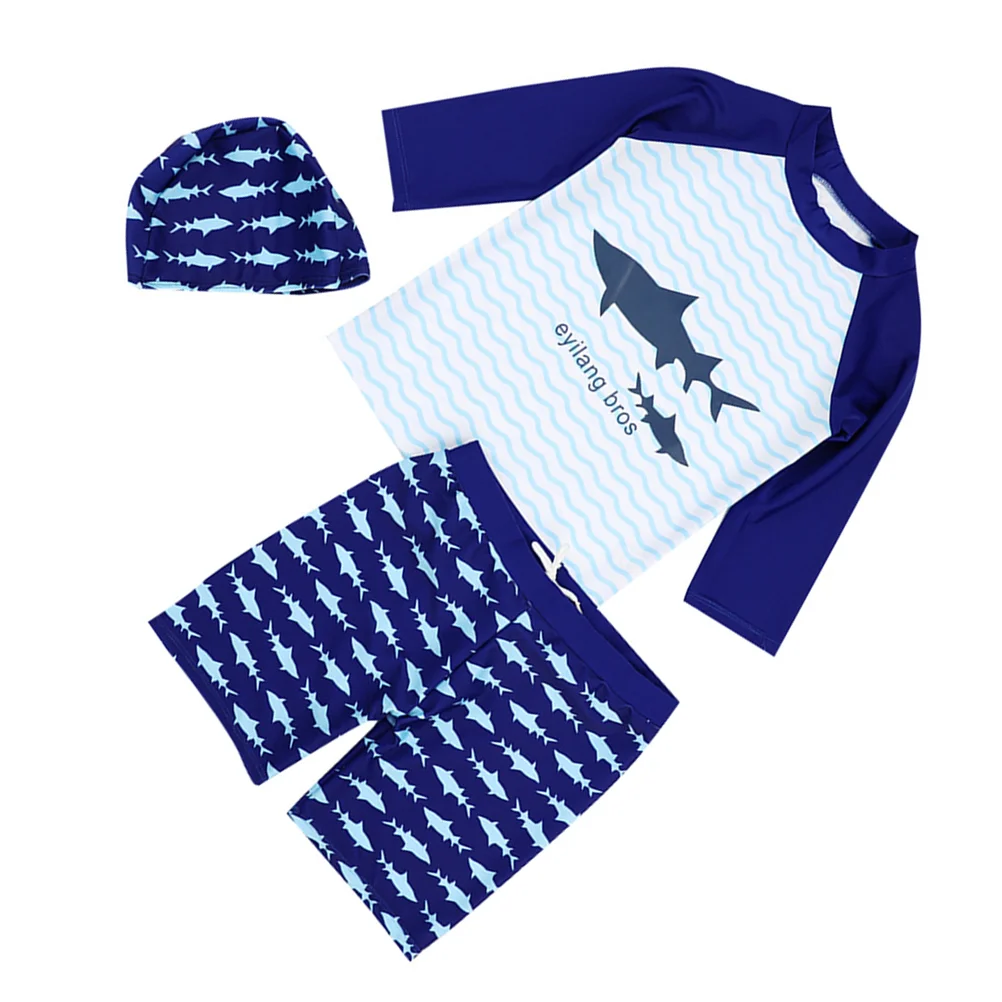 

3pcs in 1 Set Shark Swimwear Sunscreen Quick-Drying Swimsuit Suit for Summer Children Surfing (Blue, Suitable Height 80-95cm)