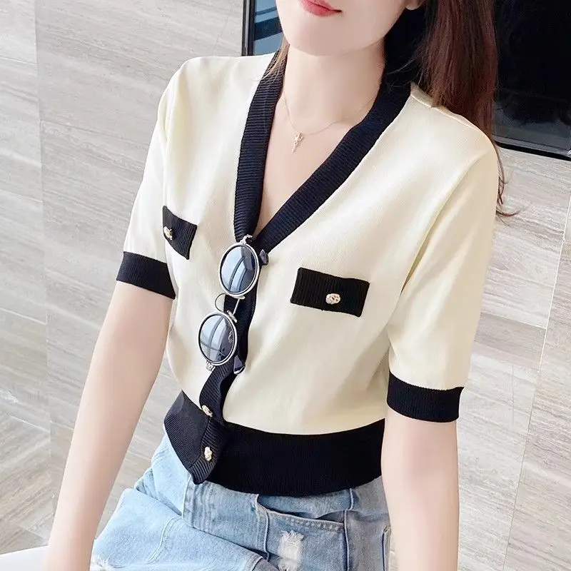 Women Clothing Elegant Solid Patchwork Button Cardigan Summer Casual Loose V-neck Short Sleeve Top Lady Fashion Thin Knits