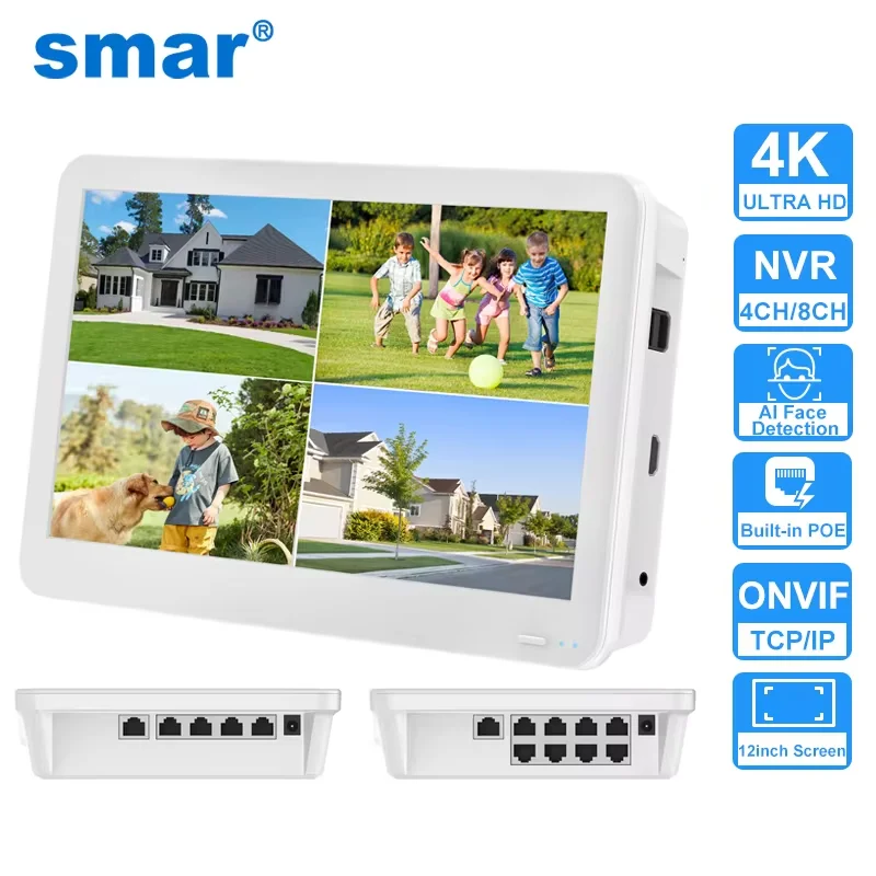 Imagem -01 - Smar 8ch 4k Poe Nvr com Monitor 8mp Ultra hd Tela de 12 Polegadas Gravador de Vídeo em Rede H.265 Nvr para Sistema de Câmera de Segurança Doméstica smar 8ch 4k poe nvr com monitor 8mp ultra hd tela de 12 polegadas gravador de video em rede h265 nvr para sistema de camera de seguranca domestica 01