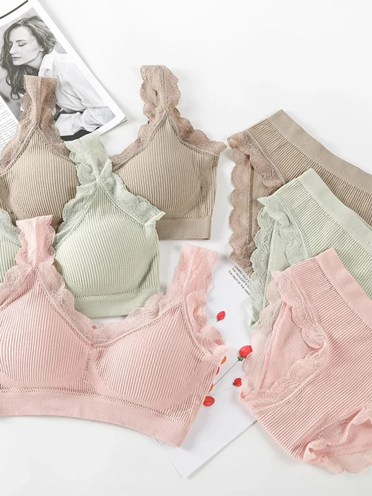 Sexy Lace Lingerie Set Padded Bra Set Without Steel Ring Solid Women's Underwear Brassiere Comfortable Fitness Crop Top