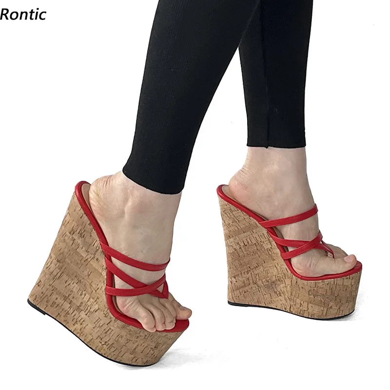 

Rontic Handmade Women Summer Platform Slingback Sandals Wedges High Heels Round Toe Gorgeous Red Party Shoes US Plus Size 4-15