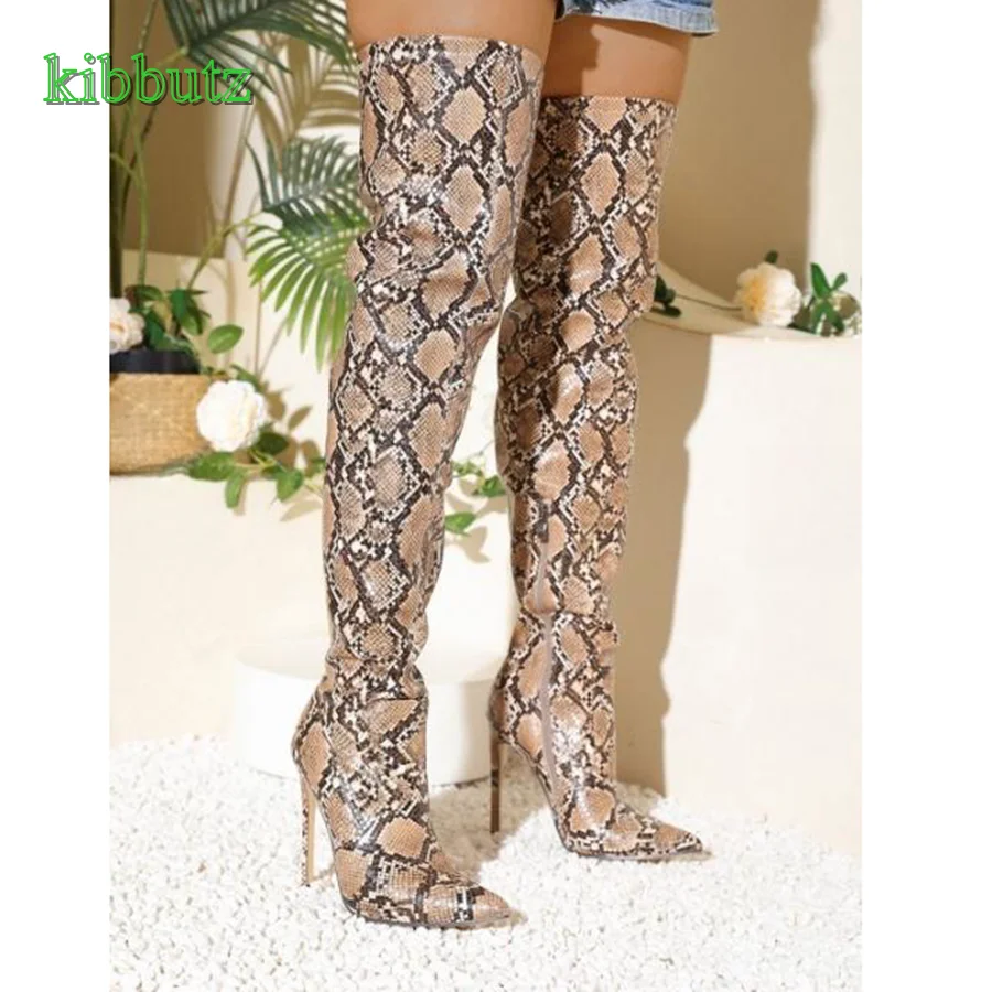 Snake Print Leather Over The Knee Boots,Pointed Toe Stiletto Women Shoes Side Zip Long Boots Autumn 2023 New Zapatos Para Mujere