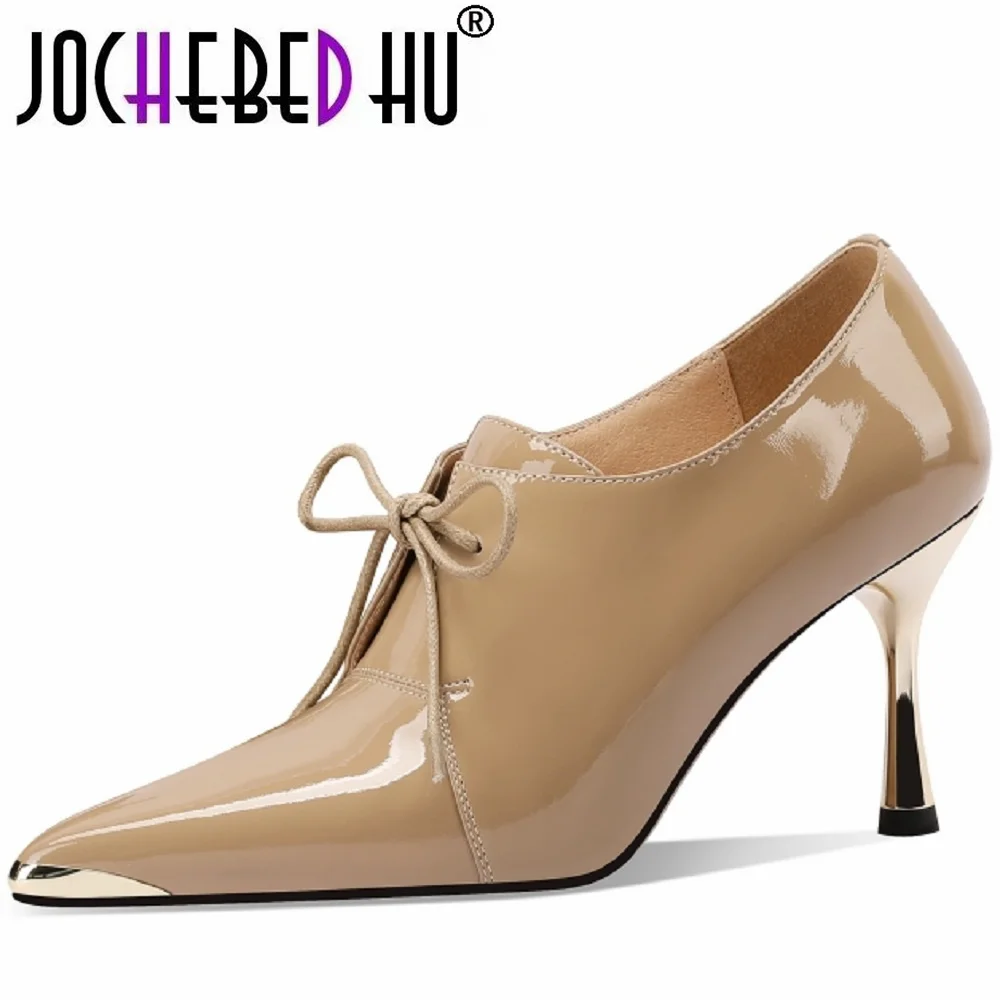 

【JOCHEBED HU】New Handmade Genuine Leather Women Pumps Office Ladies Dress Pointed Toe Thin Heels Lace-Up Shoes 33-43