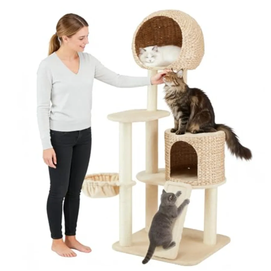 

Rattan Cat Tree 60.2'' Tall Modern Cat Tree Tower with Scratching Post for Indoor Cats Large Adult Luxury Multi Level Cattail C