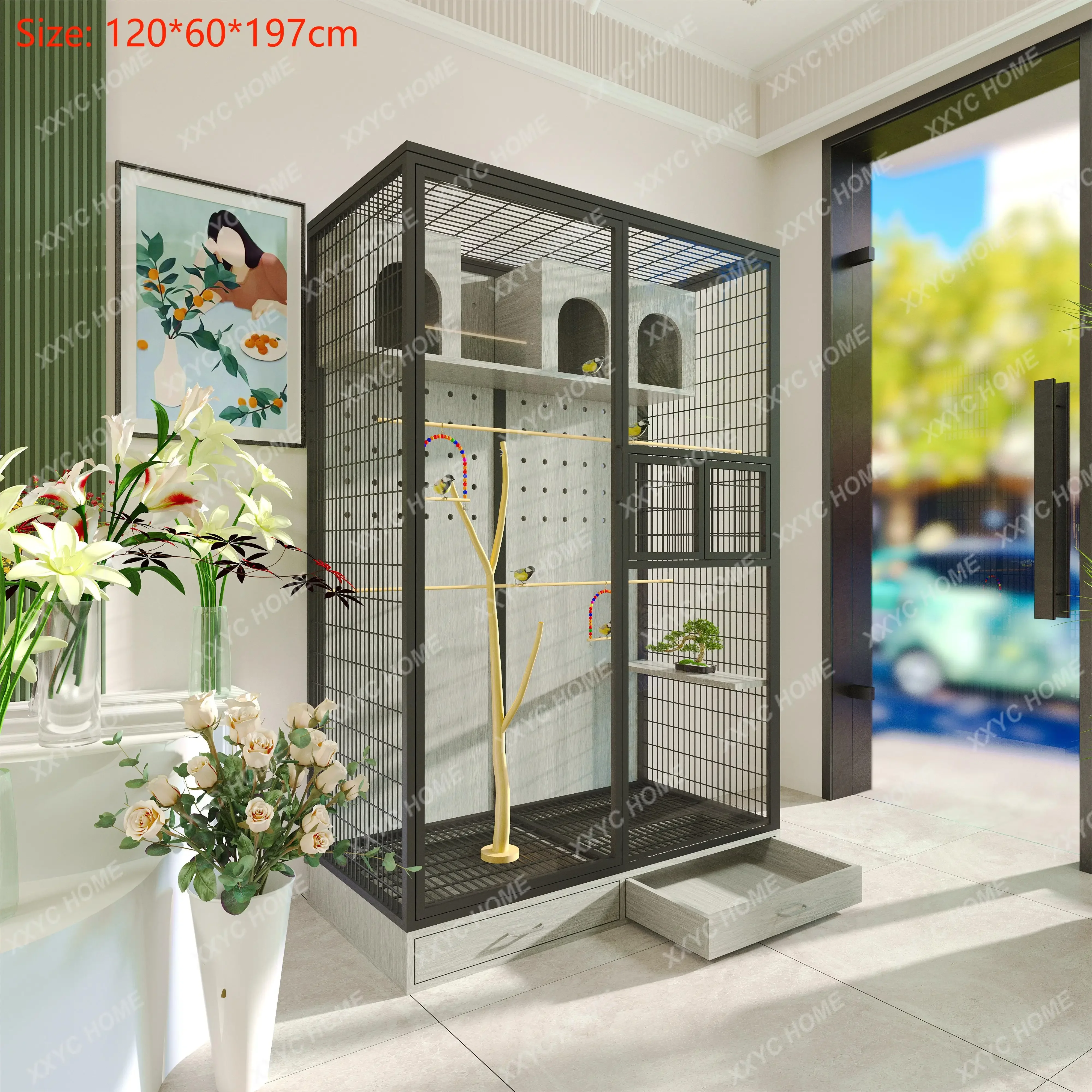 TTChina Factory Price Solid Wood Transparent Glass Parrot Nest Box Bird Cage House Large Bird Cage Luxury Bird Villa Cage