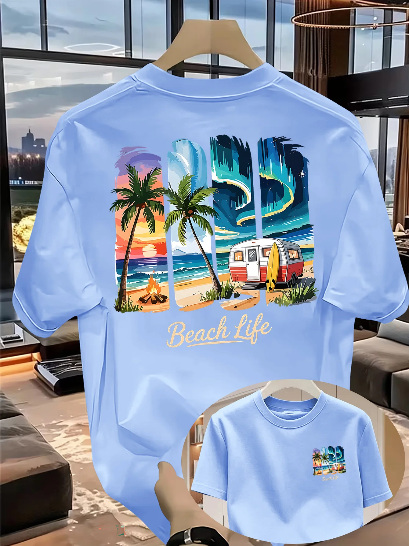 2026 Herren Sommer Strand T-Shirt 100% Baumwolle „Beach Life“ Palmen- und Wohnmobil-Print Damen Freizeit-Urlaubs-Top – Detail 7