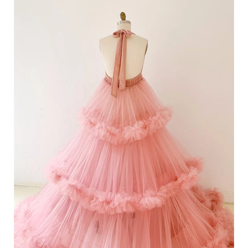 Halter Neck Ruffle Tulle Maternity Dress for Photo Shoot/Tulle Maternity Robe/Baby Shower Dress/Photography Dress