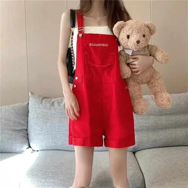 Denim Bib Shorts Red 2024 Summer New Loose Wide Leg Sling Hot Short Trousers High Waist Letters Jumpsuit For Women