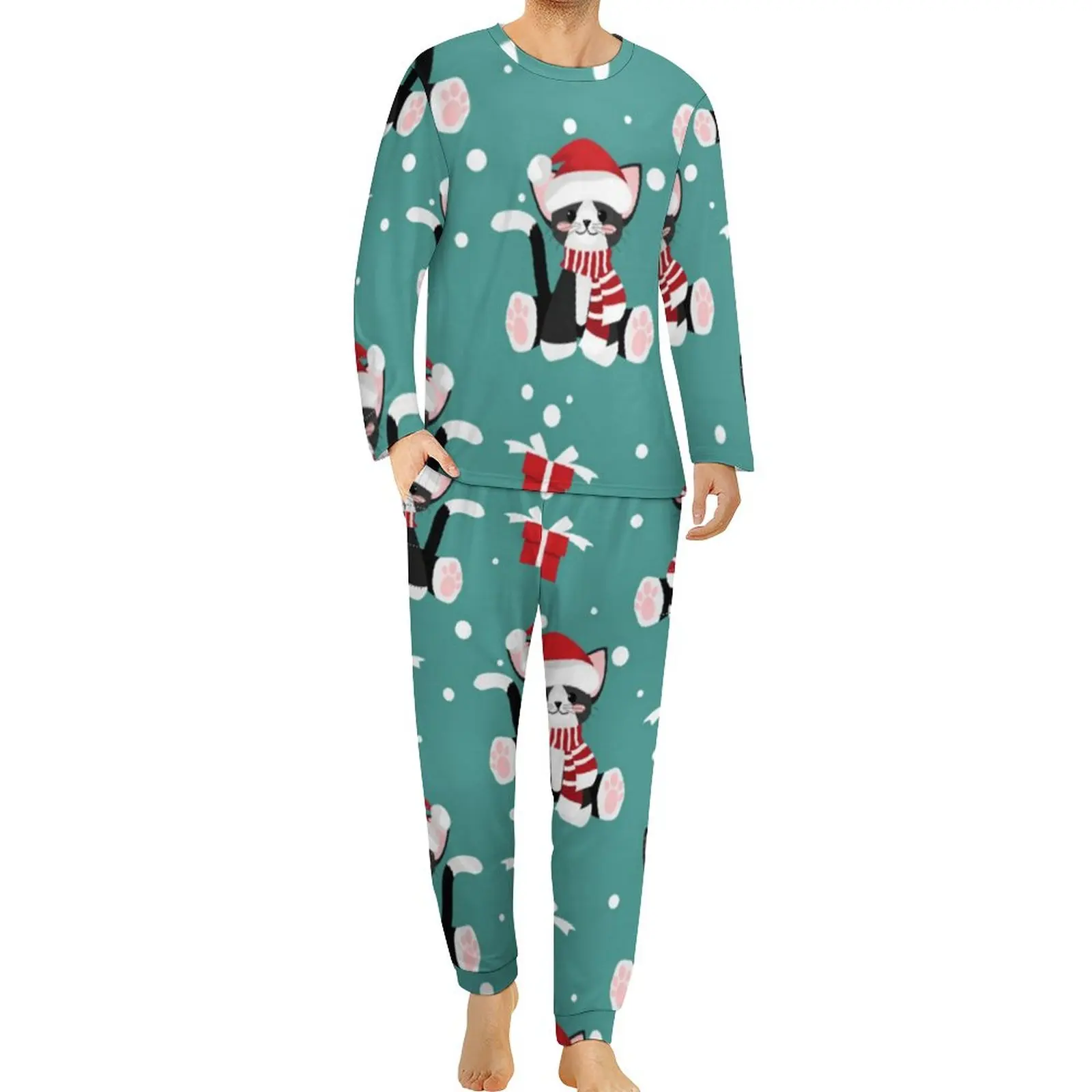 Cute Christmas Cat Pajamas Autumn Animal Print Casual Sleepwear Mens 2 Pieces Custom Long Sleeve Retro Oversized Pajama Sets