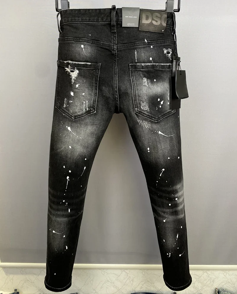 ICON BRAND D2 Men Jeans Denim Pants Hole Slim Pencil Trousers Metal Buttons Party Classics Fashionable Black DSQ2 JENAS