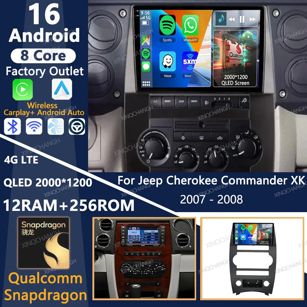 Radio para Auto Android 16 para Jeep Cherokee Commander XK 2007 2008, Reproductor Multimedia QLED, Estéreo, Video, 4G, WIFI, Carplay, GPS, 2DIN