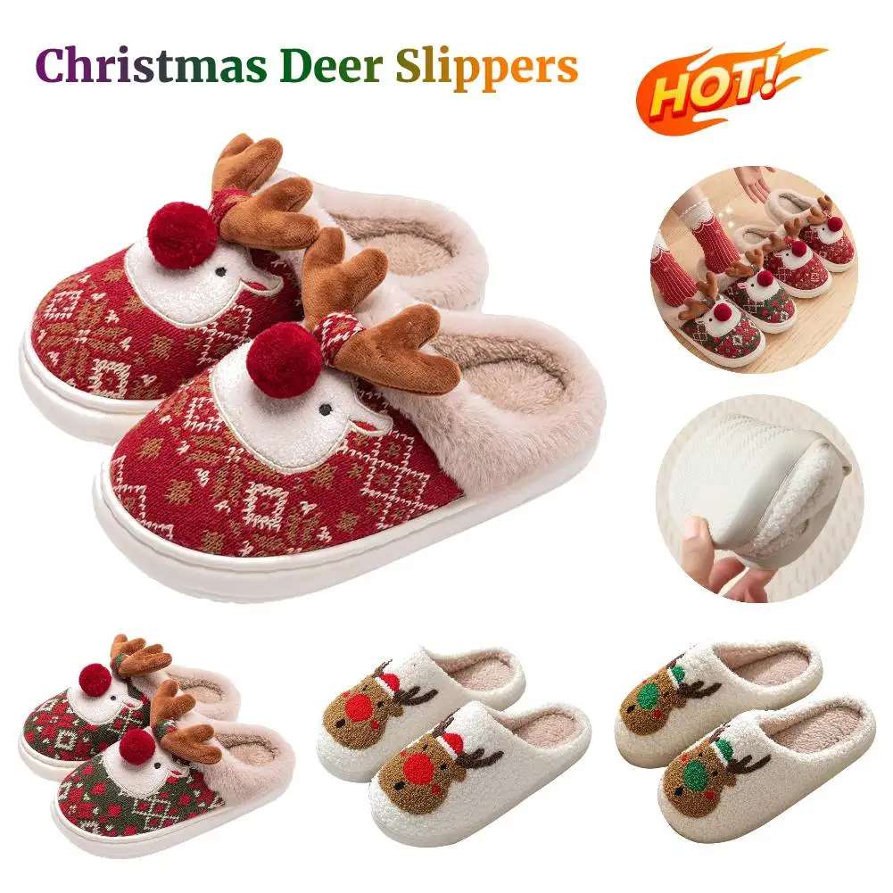 Christmas Fuzzy Fluffy Slippers Christmas Deer Shoes Women Men Winter Home Slippers Winter House Floor Shoes Cute Flat Sandals