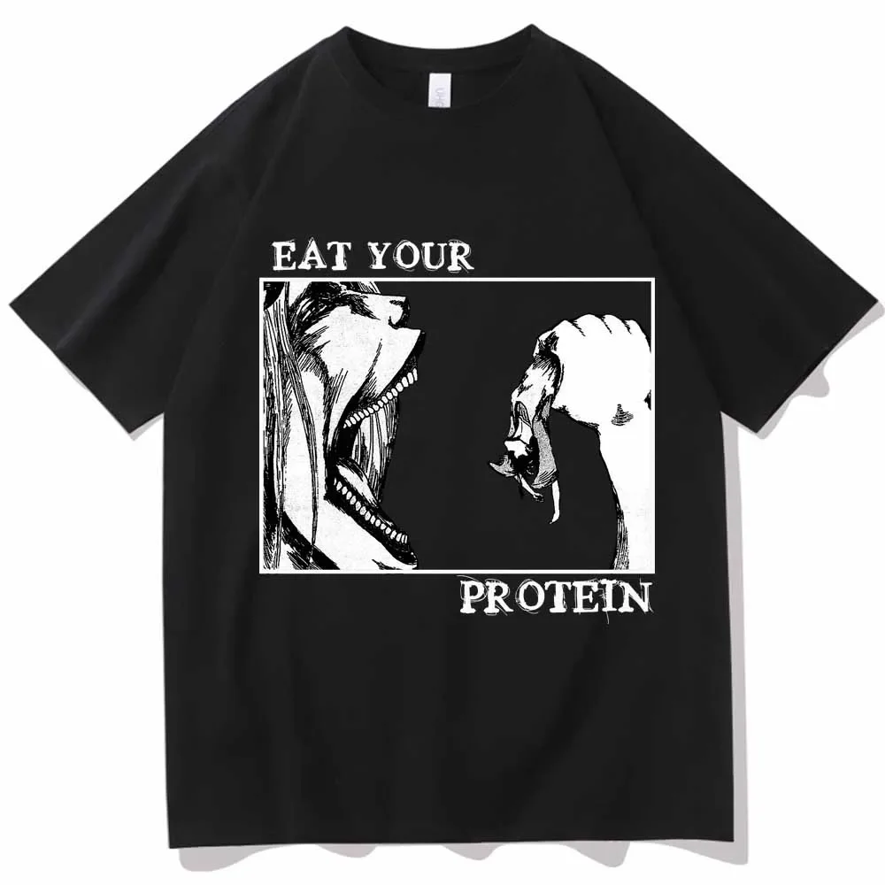 Camisetas Attack On Titan, camisa Eat Your Protein para hombre y mujer, camisas informales de manga corta con cuello redondo de verano