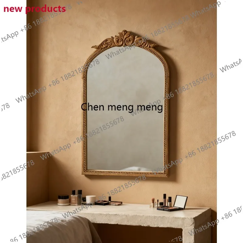 A139Vintage carved wooden frame makeup mirror wall mounted bedroom decorative mirror French simple entrance