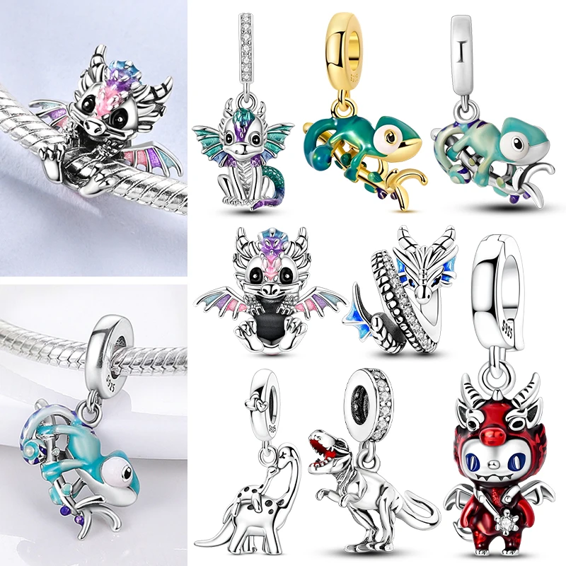 925 Sterling Silber Charms Feuerdrache Chamäleon Tyrannosaurus Rex Anhänger Passend für Original Armband Halskette Damen DIY Schmuck Geschenk