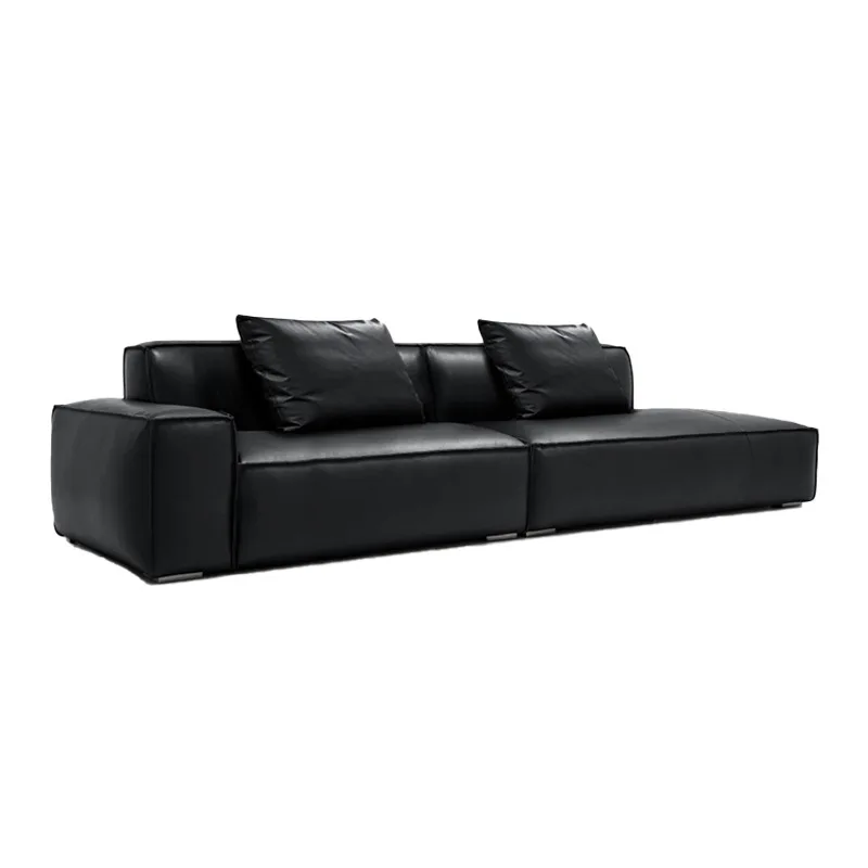 Leather sofa simple first layer cowhide sofa living room household tofu block straight row sofa