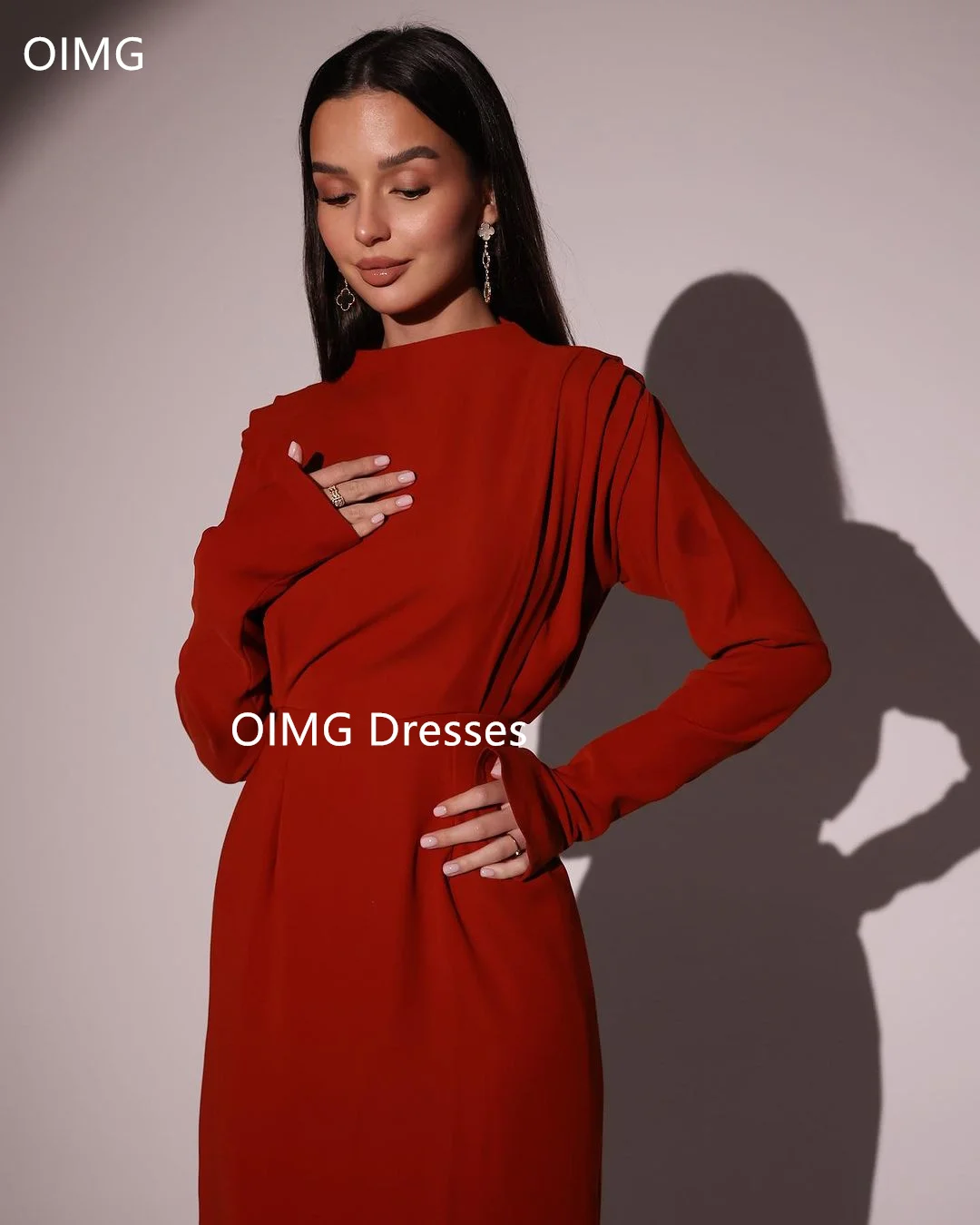 Oimg Mode Saudi Meerjungfrau Crêpe Satin Vintage Ballkleider Seitens chlitz lange Ärmel elegante rote Abendkleider formelle Party kleid