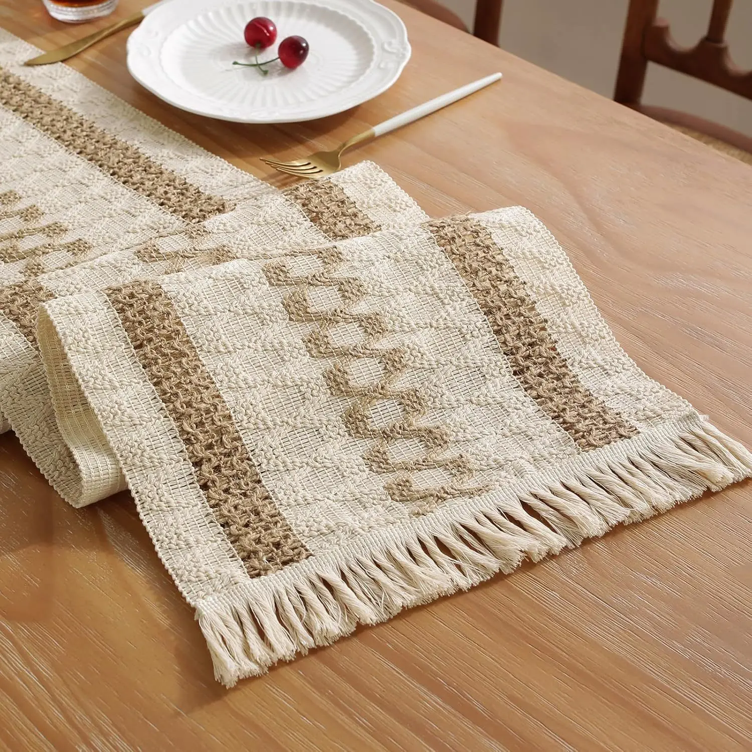 Boho Table Runner Full Sizes With Tassels, Cream Brown Rustic Farmhouse Kitchen Table Decor For Wedding Party Holiday Dining