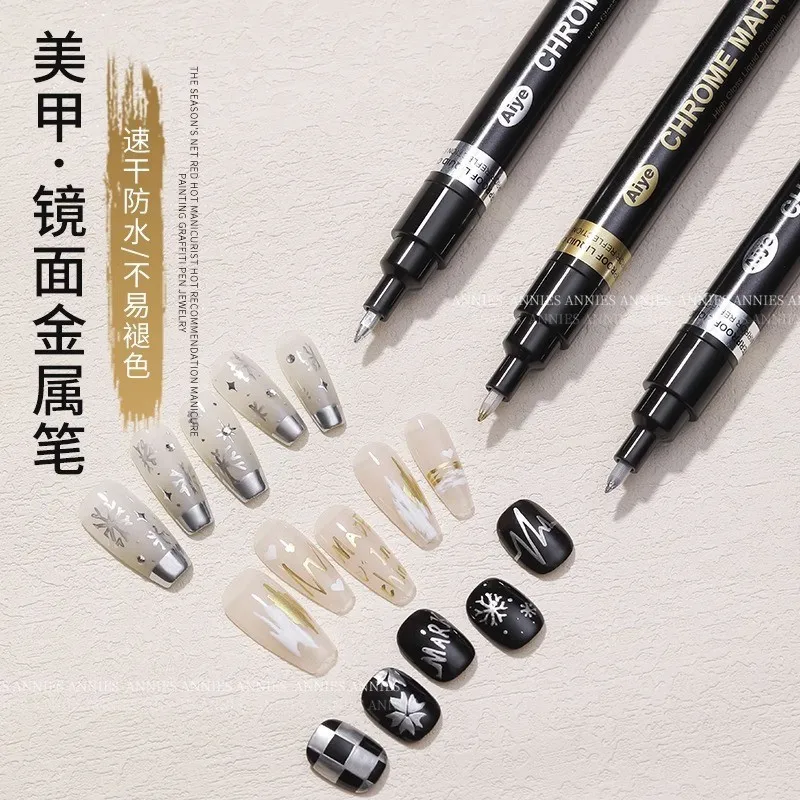 Glossy Painting Hook Mirror Silver Gold Waterborne Propylene Metallic Marker Nail Art Graffiti Manicure Pen Quick Dry Waterproof