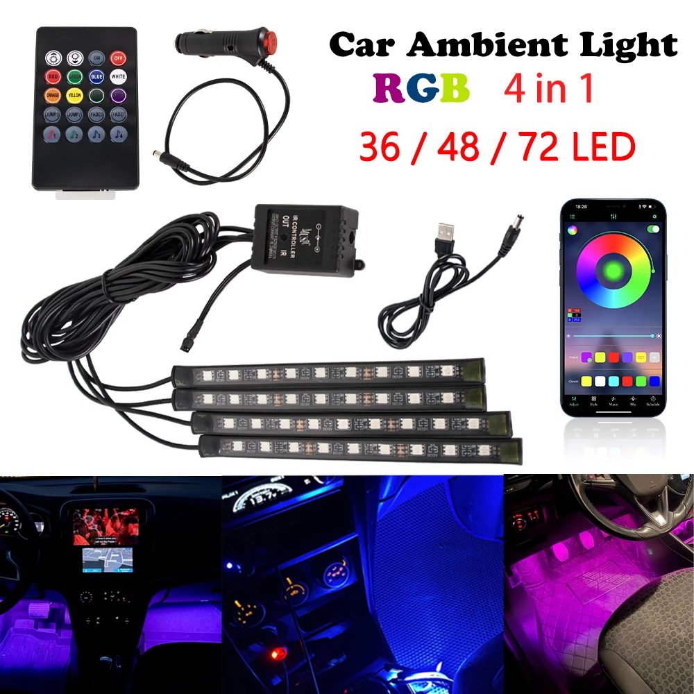 سيارة الداخلية النيون LED ضوء الزخرفية عن بعد الموسيقى APP التحكم جو مصباح السيارات القدم قطاع الديكور أضواء الخلفية #1
