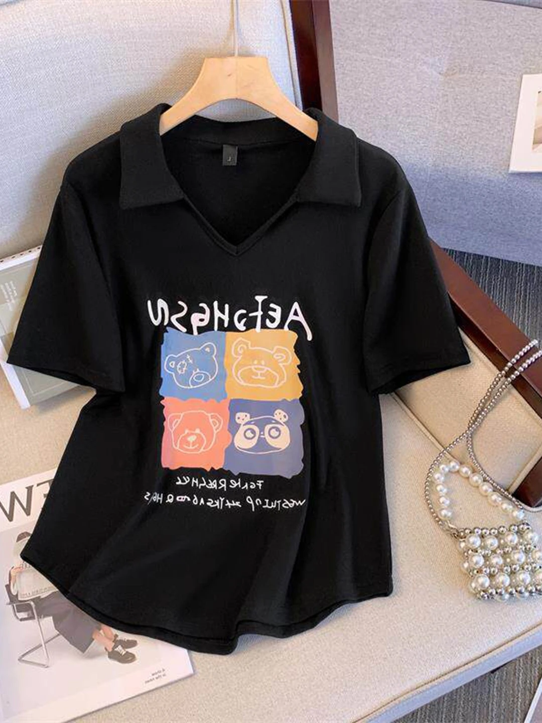 Loose Fit Summer New Korean Style  Neck Short Sleeve T-Shirt Women's Fashionable Slimming Belly Covering Top Large Size