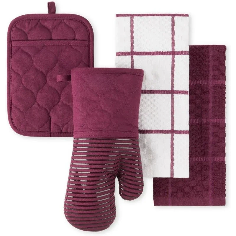 

Quilted Cotton Terry Cloth Oven Mitt, Pot Holder Heat Resistant, 16"x26", 7"x13" & 7"x10", Beet