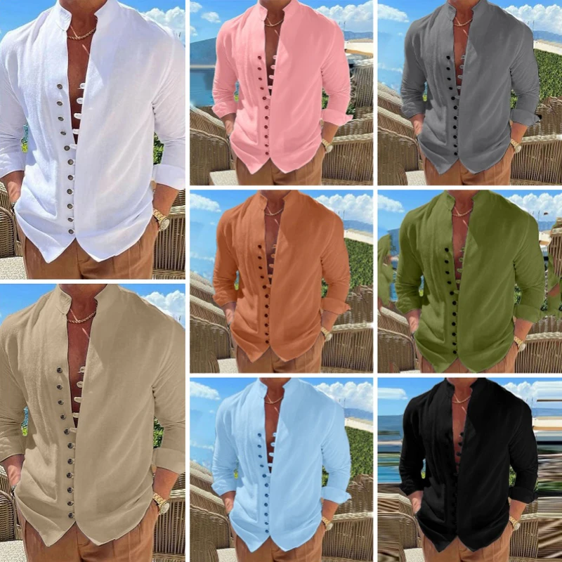 Spring Autumn Cotton Linen Shirt Men Hot Sale Men's Long-Sleeved Shirts Solid Color Button Up Casual Hawaiian Style Plus Size