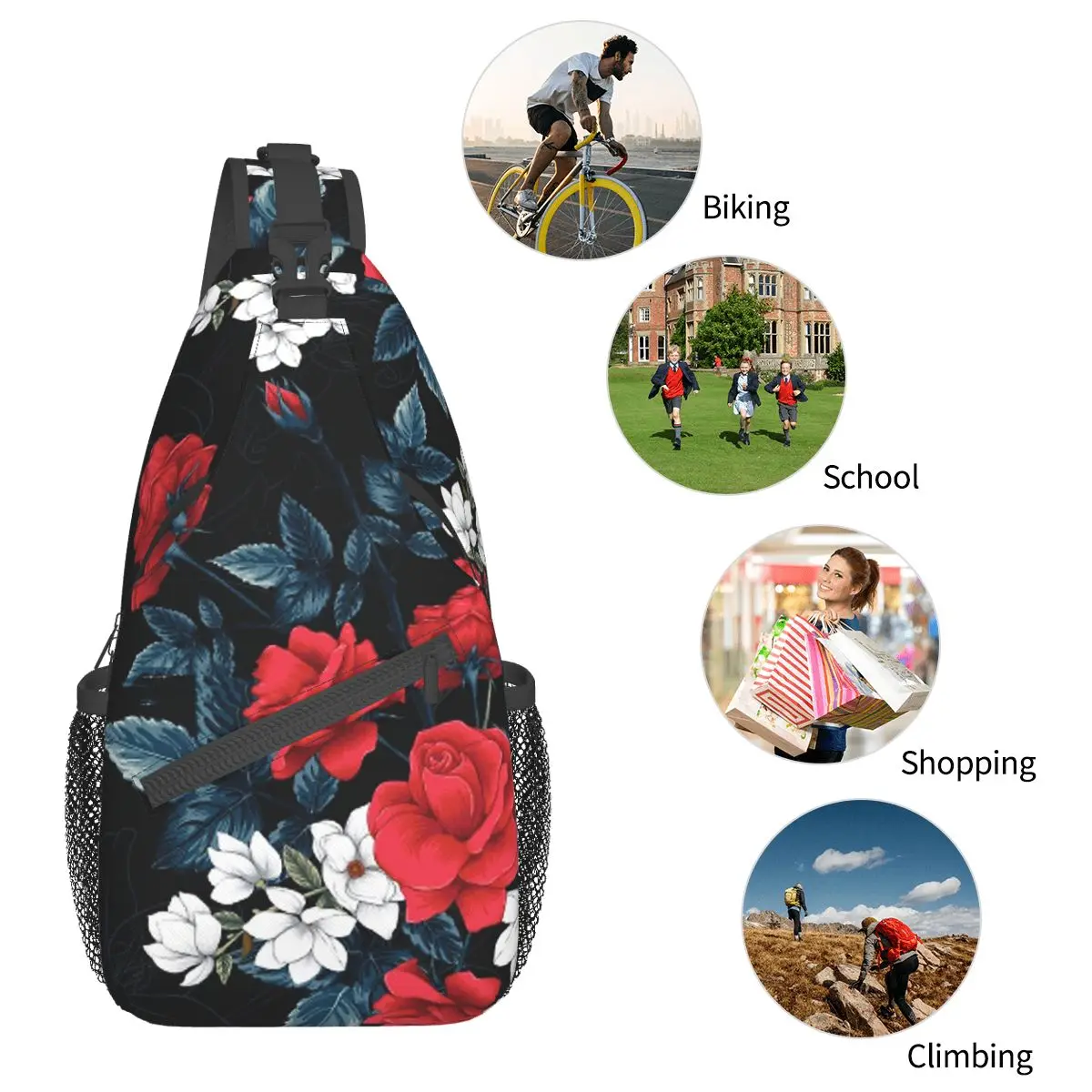 Mochila cruzada con estampado de flores y rosas rojas, bolso de pecho fresco, mochila de hombro Floral con corazón, mochila de día para senderismo y viajes al aire libre