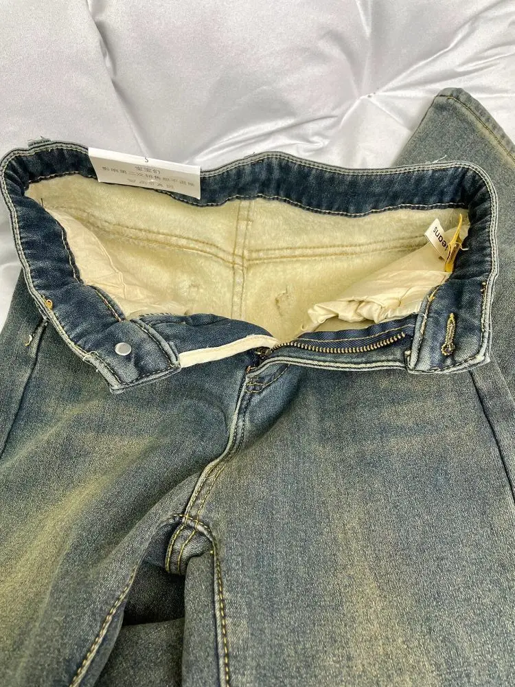 دافئ صوف مبطن خمر الجينز الأزرق النساء الشتاء عالية الخصر سليم صالح Bootcut السراويل بسيطة الخريف الدافئة مريحة الدنيم #4