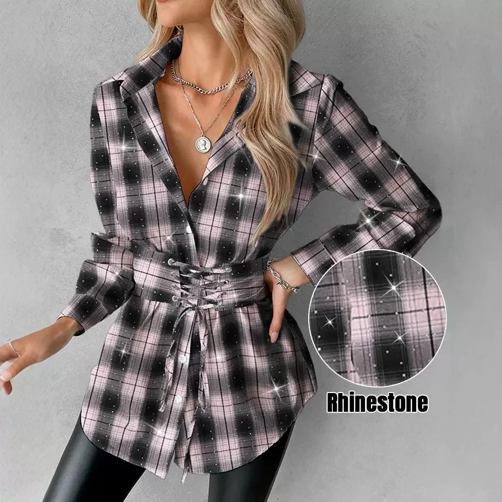 Elegant Blouses Woman Shirt New Fashion 2024 Autumn Winter Casual T-Shirt Plaid Print Eyelet Lace-Up Front Rhinestone Sexy Top