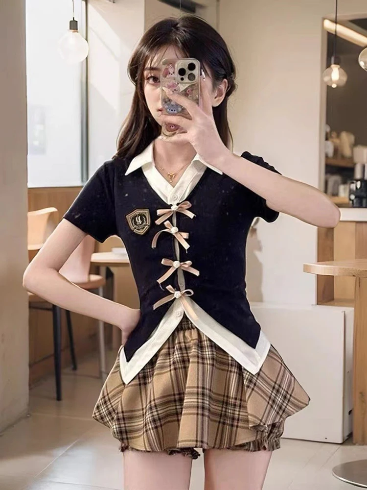 

Retro Jk Two Piece Sets Summer Preppy Bow Epaulettes Women Tops American Hotsweet Vintage Plaid Pleated Mini Cake Skirts New