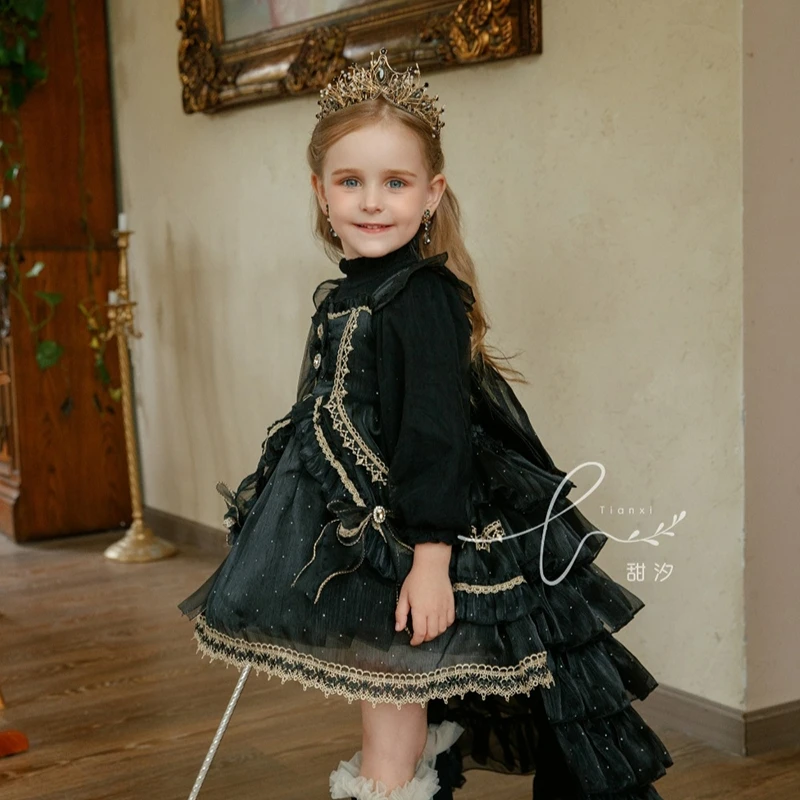 Handmade Black Halloween Lolita Dress for Girls with Suspender Treasure Bow Trailing Design Flower Girls Thanksgiving Party Outf