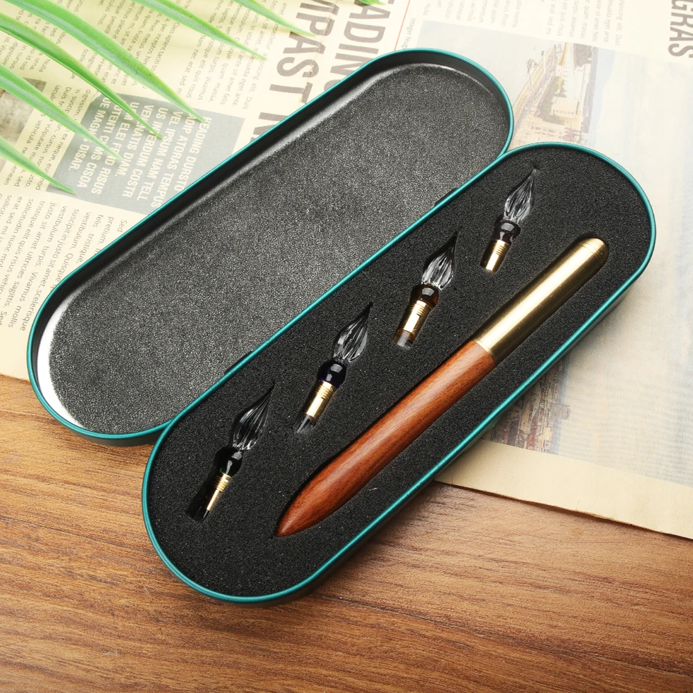 SeamiArt 1pc Wood Handle with 5pcs Replaceable Glass Nibs Dip Pen Set for Calligraphy Students Writing Stationery Supplies