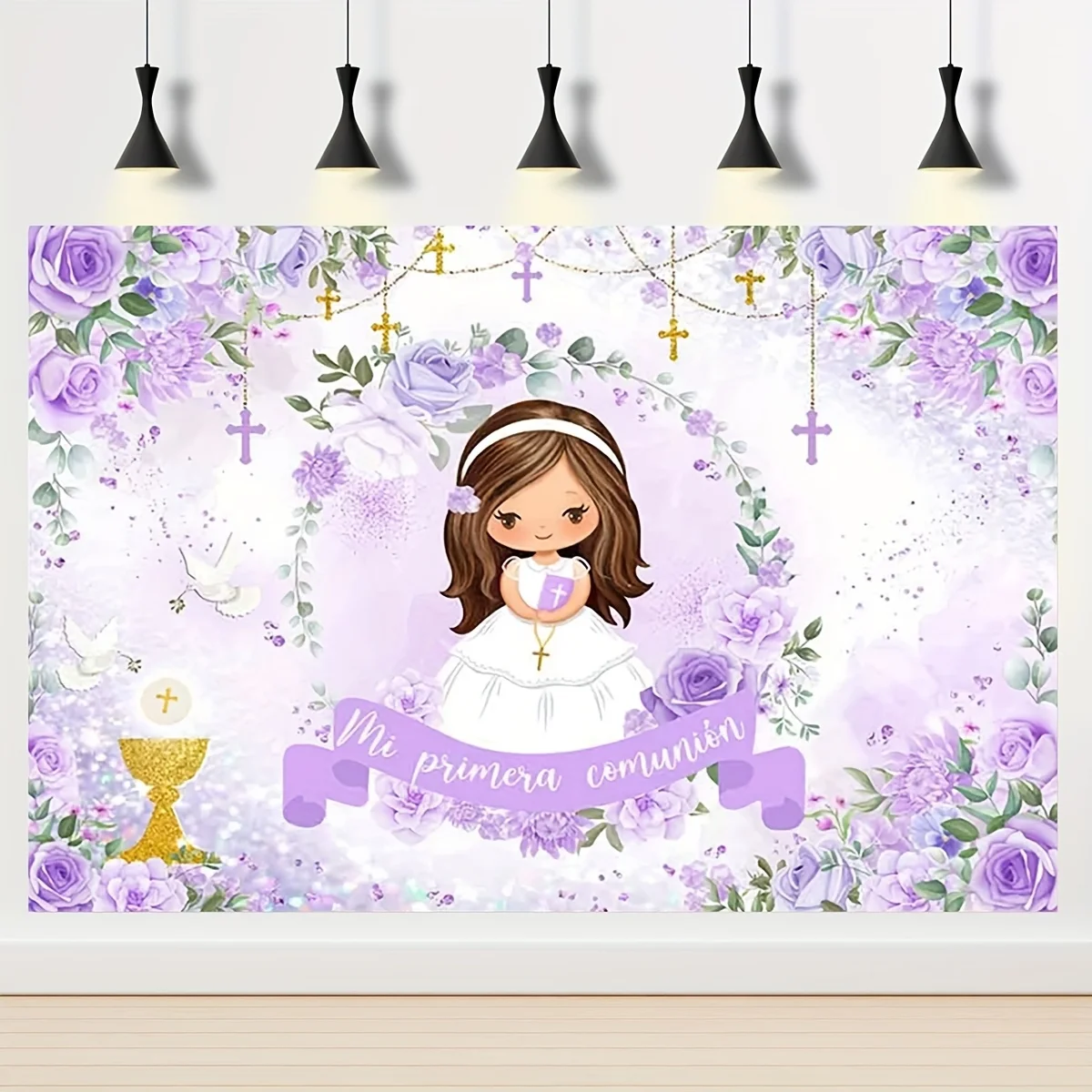 خلفية بركة الله: معمودية التواصل للفتيات Miprimera، زهور أرجوانية، خلفية لافتة نعمة الله