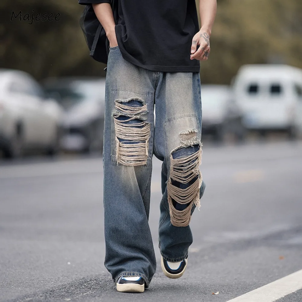 Men Jeans Hole Ripped Loose Streetwear American Retro Style Full-length Wide Leg All-match Hip-hop Washed Classical Young Chic