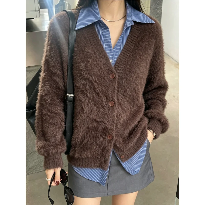 New Chic Autumn Winter Casual Women Sweater Cardigan Loose Long Sleeved V-neck Knitted Sweater Jackets Elegant Solid Color Coats