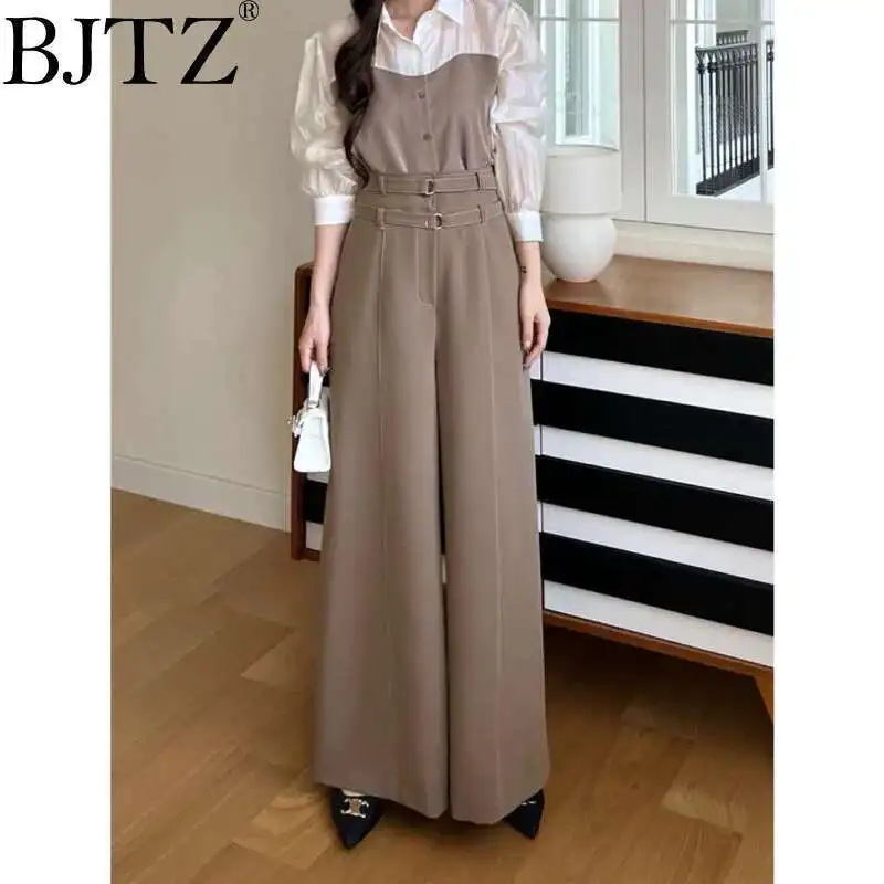 

BJTZ Long-sleeved Splicing Lapel Shirt + Trousers High Waist Wide Leg Pants Two-piece Suit Female 2025 Spring Summer New Fashion