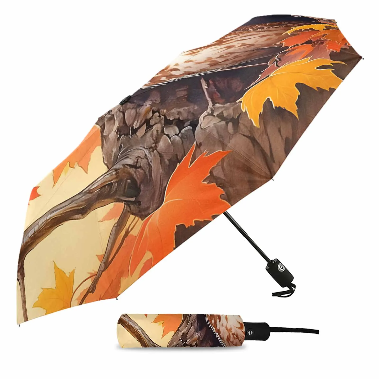 Autumn Maple Owl Summer Umbrella for Outdoor Fully-automatic Folding Eight Strands Umbrellas for Kids Printed Umbrella