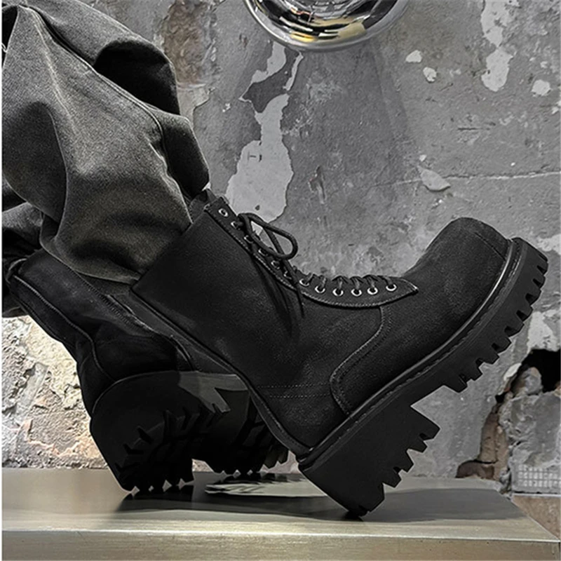 

Men's New Big Head Cowboy Knight Boots Autumn Winter High Street Trend Thick Bottom Height Increased Lace-Up Short Boots