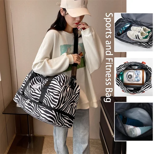Imagen 1 del producto Bolso de viaje impermeable para mujer, bolsa de mano con estampado de cebra y leopardo, equipaje de gran tamaño, separación seca y húmeda, bolsa de fin de semana